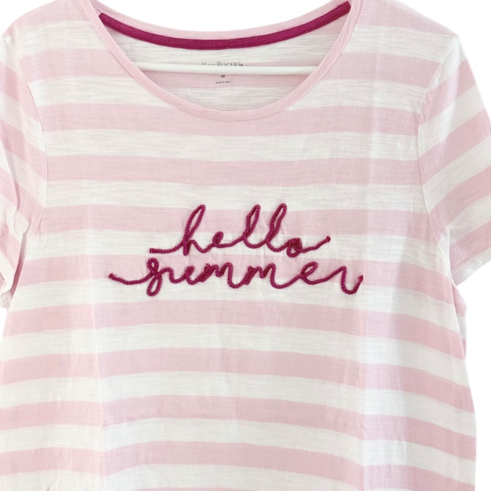 Kim Rogers Women's T-Shirt M Medium Pink White Striped Hello Summer Embroidered - Picture 10 of 10